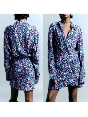 Zara Black Faux Wrap Dress with Blue, Pink & Green Floral Print Large
